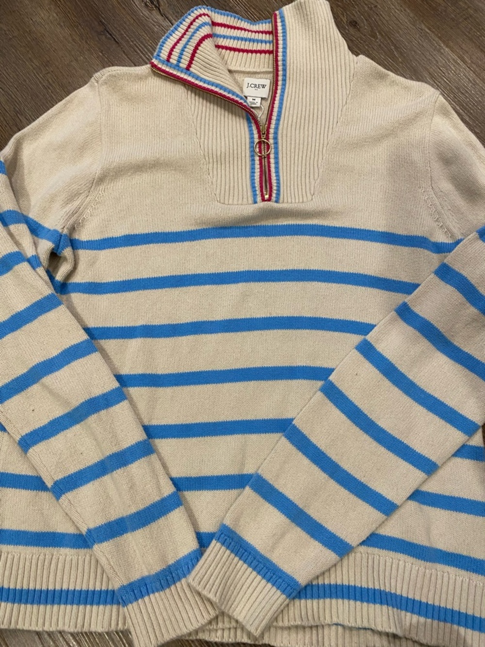 J. Crew Cream and Blue Striped Half-Zip Sweater